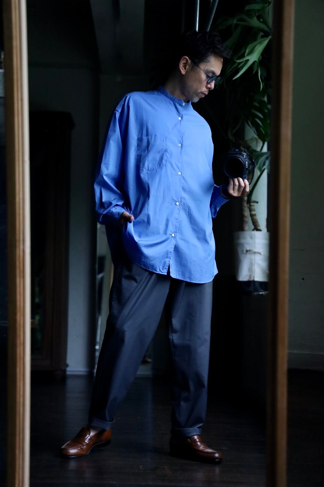 Graphpaper - グラフペーパー シャツ Broad L/S Oversized Band Collar