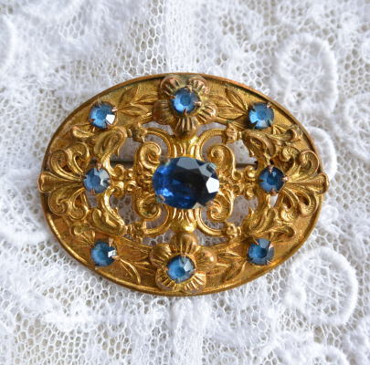 A-164 フランスアンティークブローチ フィリグリー＆ガラスブローチ