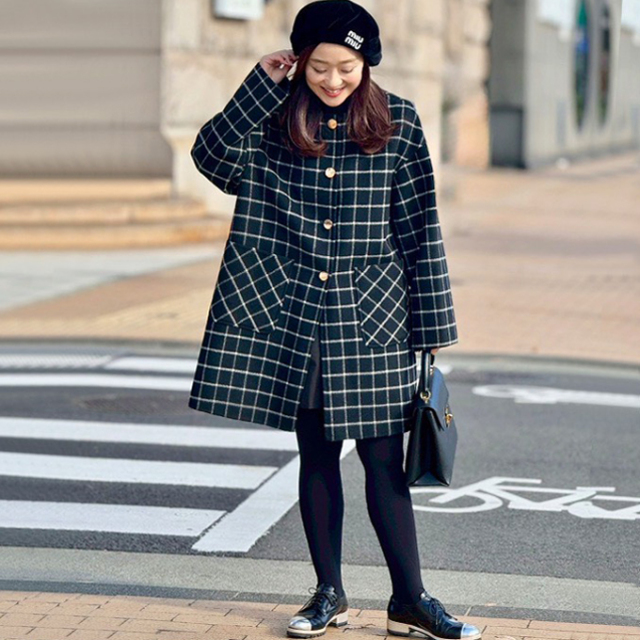 チェック柄リバーノーカラーコート【7f-146-07002】