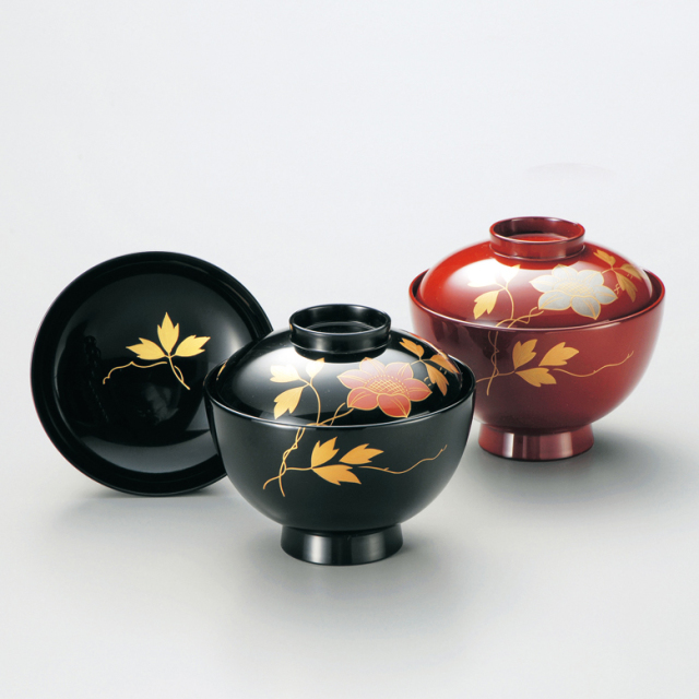 夫婦椀 金とプラチナの鉄仙 朱・黒 蓋付きのお椀 2客セット 漆塗り
