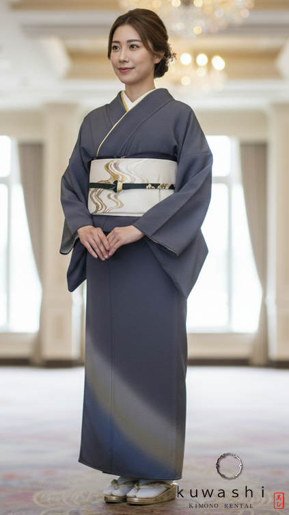 正絹附下訪問着レンタル】 10016 紺／ぼかし正絹付下訪問着金彩