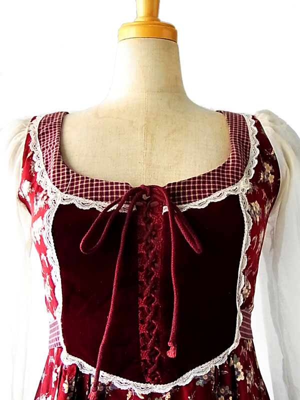 送料無料】アメリカ製 GUNNE SAX 編み上げ 花柄 バーガンディー マキシ