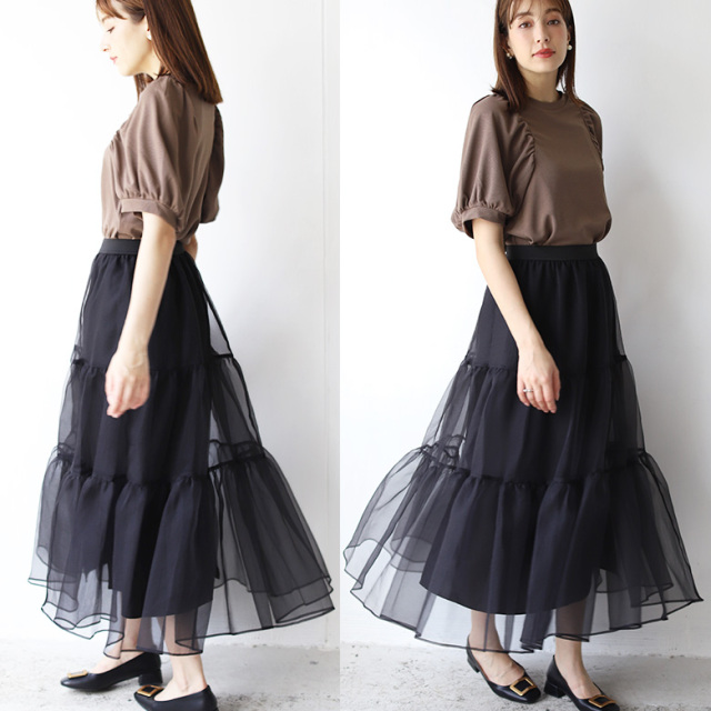 シアーオーガンジーティアードスカート(a82-017)