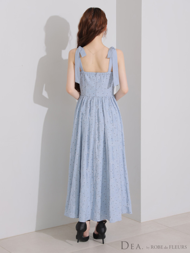 XS～Lサイズあり】ショルダーリボンドットフレアロングキャバドレス