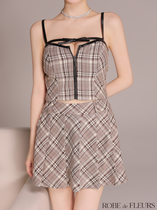 XSサイズあり】レザーミニリボンチェックフレアセットアップミニキャバ