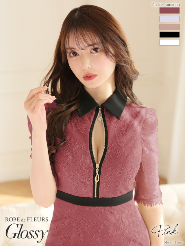 XS～Lサイズあり】フロントジッパーxレース五分袖タイトミニキャバ