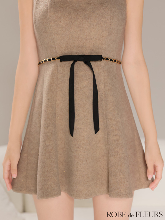 XSサイズあり】ウエストリボンラメ入りメルトンフレアミニキャバドレス