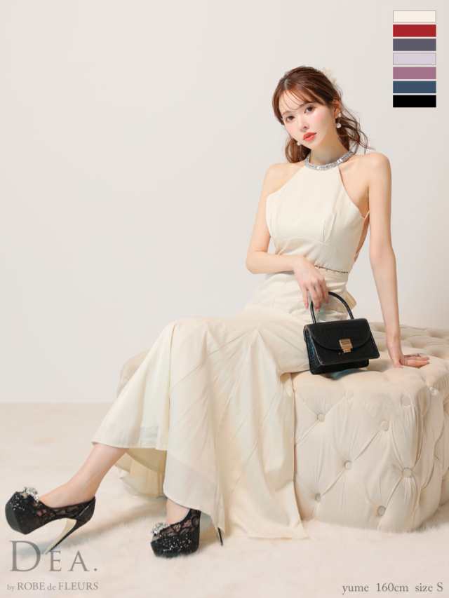 Lサイズあり】ホルタービジューサテンロングキャバドレス(DE3505)