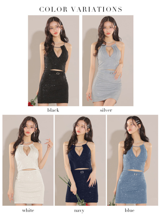 XSサイズあり】スパンコールラメニットホルターネックセットアップミニ