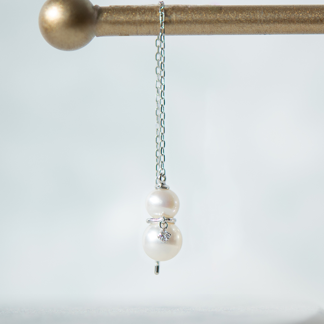 片方】アメリカンピアス K10ホワイトゴールド 淡水パール ダイヤモンド