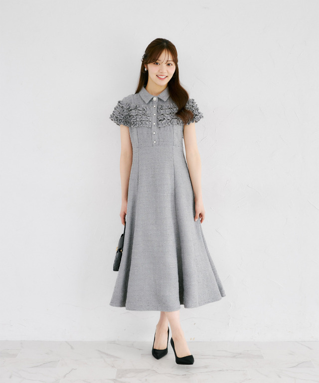 ホイップフリル付きパール釦ツイードシャツワンピース