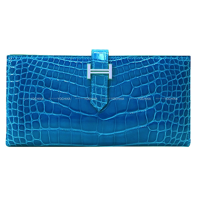 HERMES エルメス 長財布 ベアンスフレ ブルーゼリージュ クロコダイル