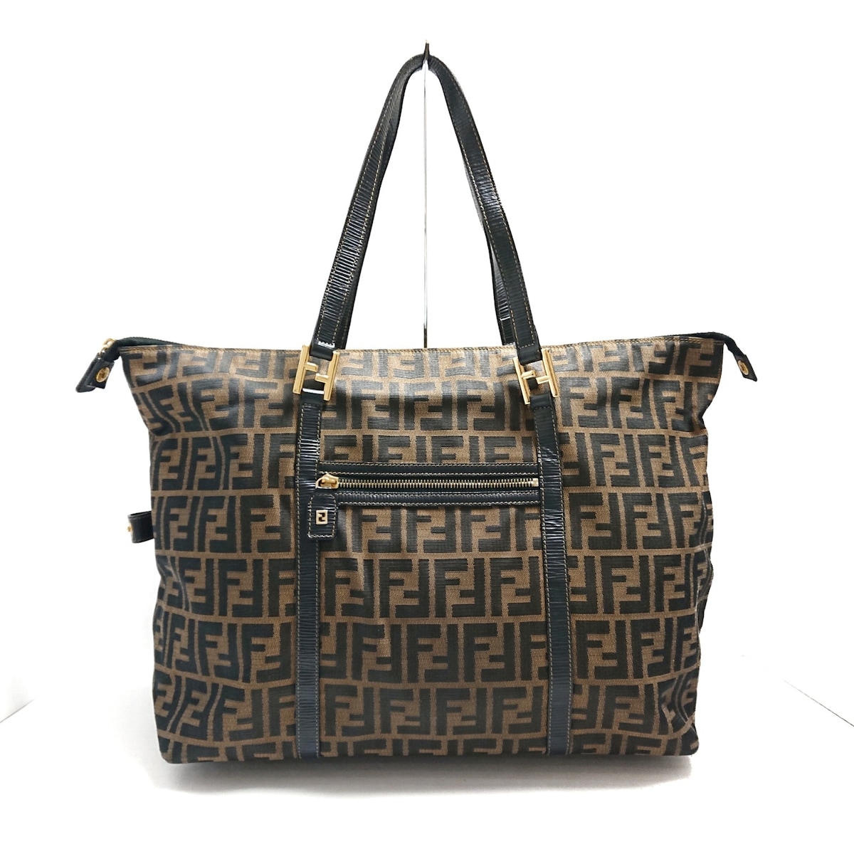 フェンディ/ボストンバッグ/ズッカ柄/ベージュ×黒/ジャガード×レザーの