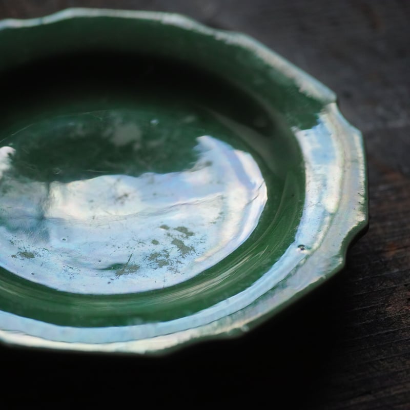 珉平焼 緑釉輪花皿 淡路焼 / 江戸後期 b | tsuchika