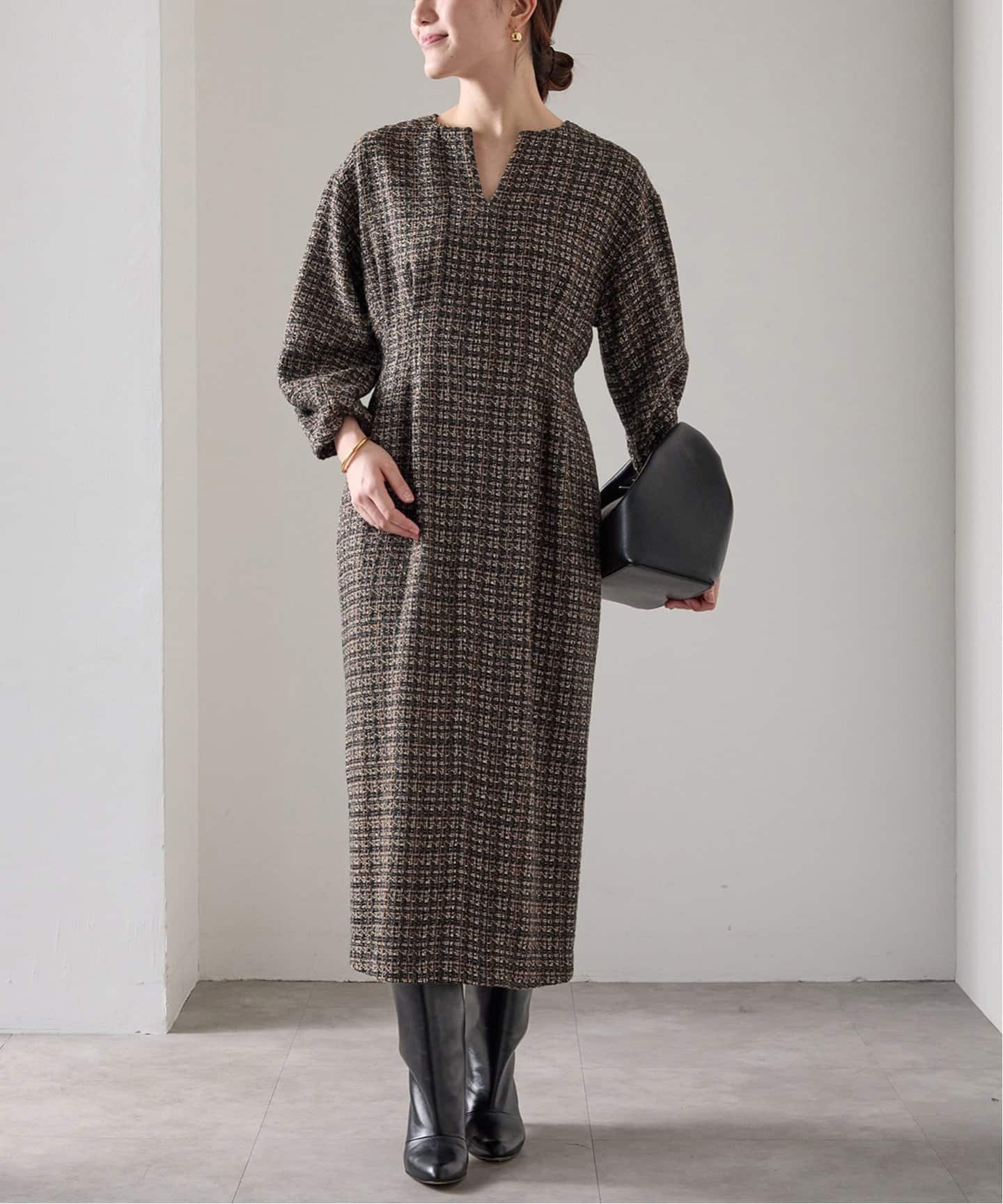 ミックスツイードウエストシェイプワンピース（ワンピース）｜VERMEIL