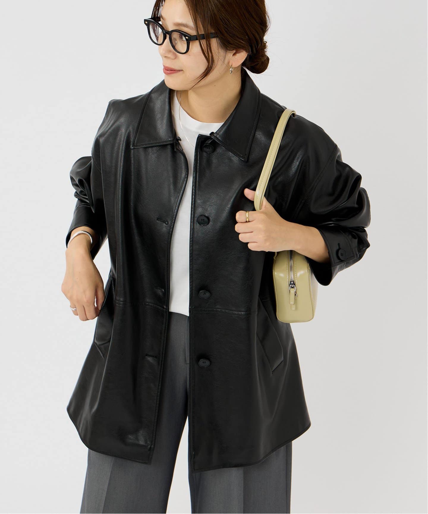 追加》ウォッシャブルフェイクレザーファー襟付カバーオール（レザー