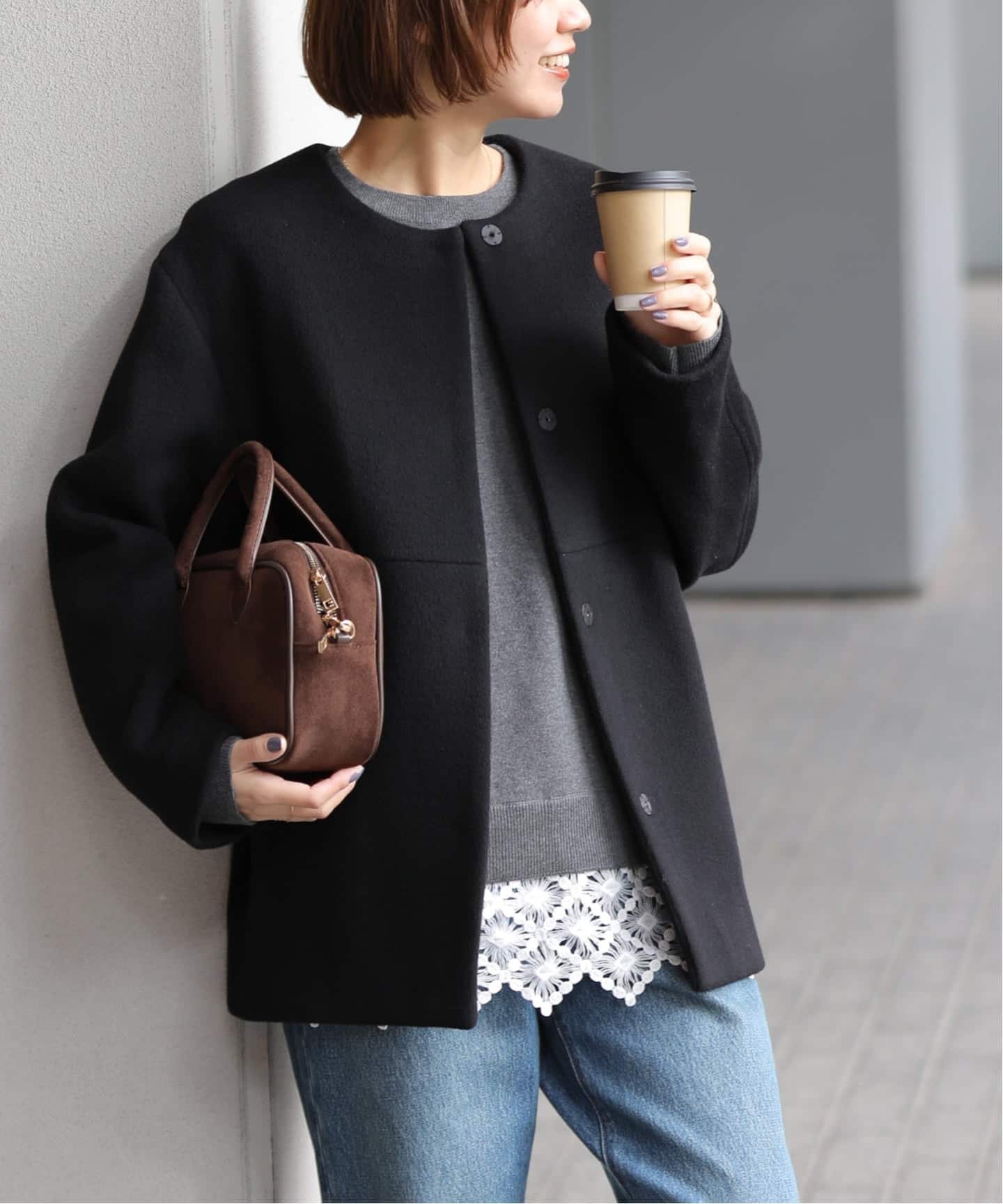 追加》スーパーファインビーバークルーネックコート（ノーカラーコート