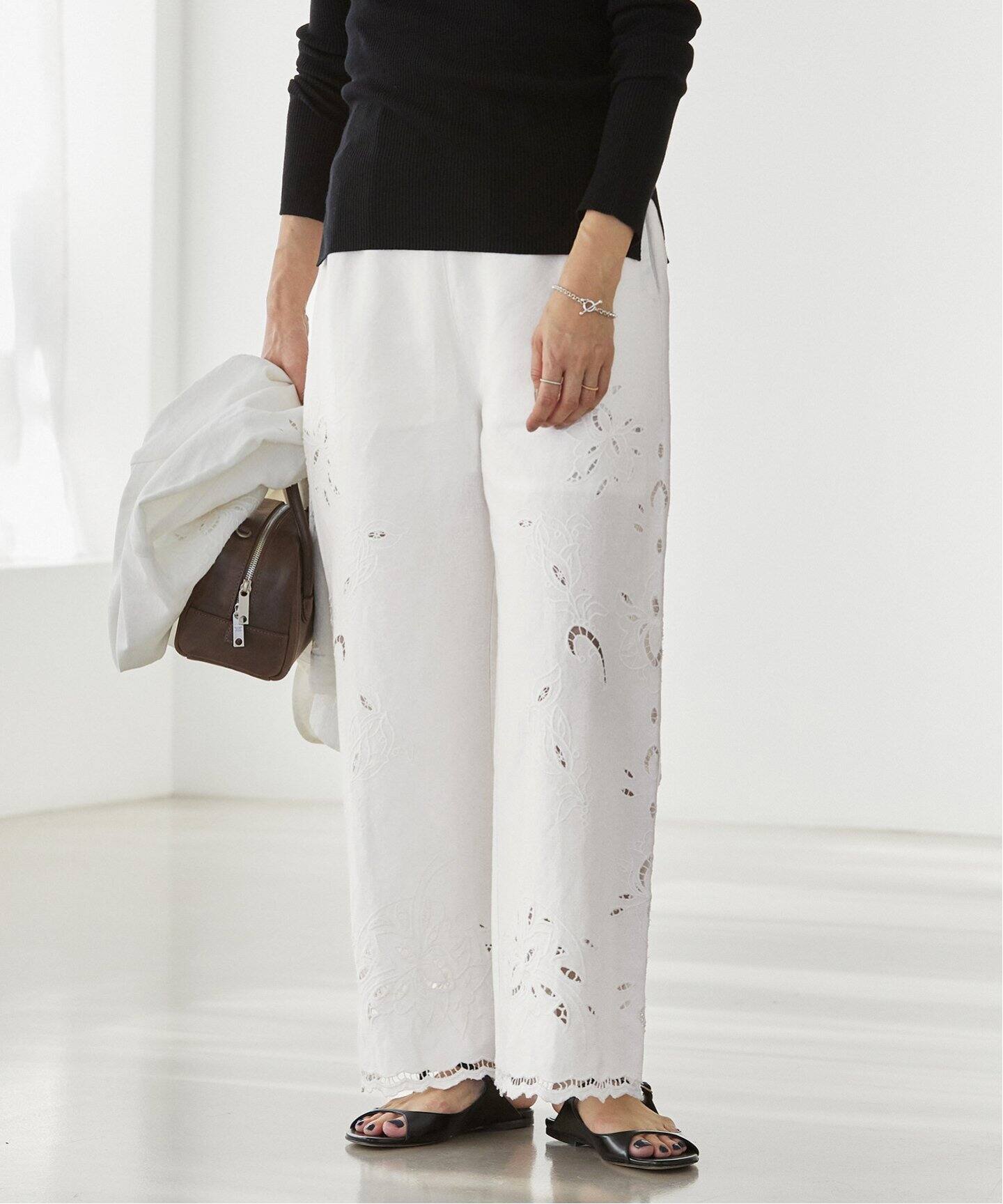 追加》コットンリネンカットワークレース イージーパンツ（その他