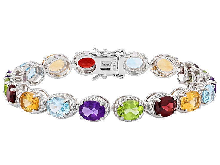 Multi-Color Gemstone Rhodium Over Silver Tennis Bracelet 20.84ctw