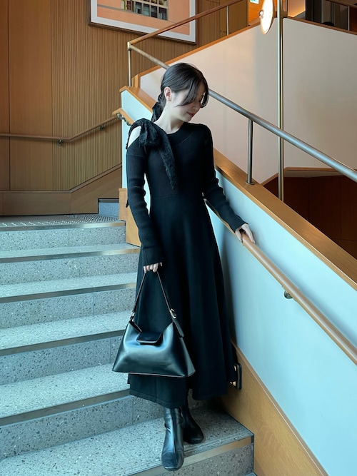 セール】ショルダーリボンアシメニットフレアワンピース[高身長サイズ