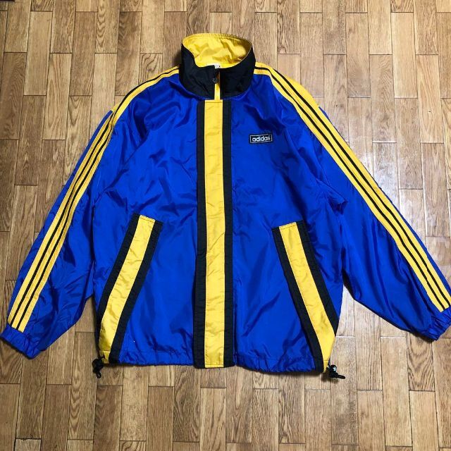 adidas - 80s デザイン社 adidas ナイロン ジャケット 青 黄 3本ライン