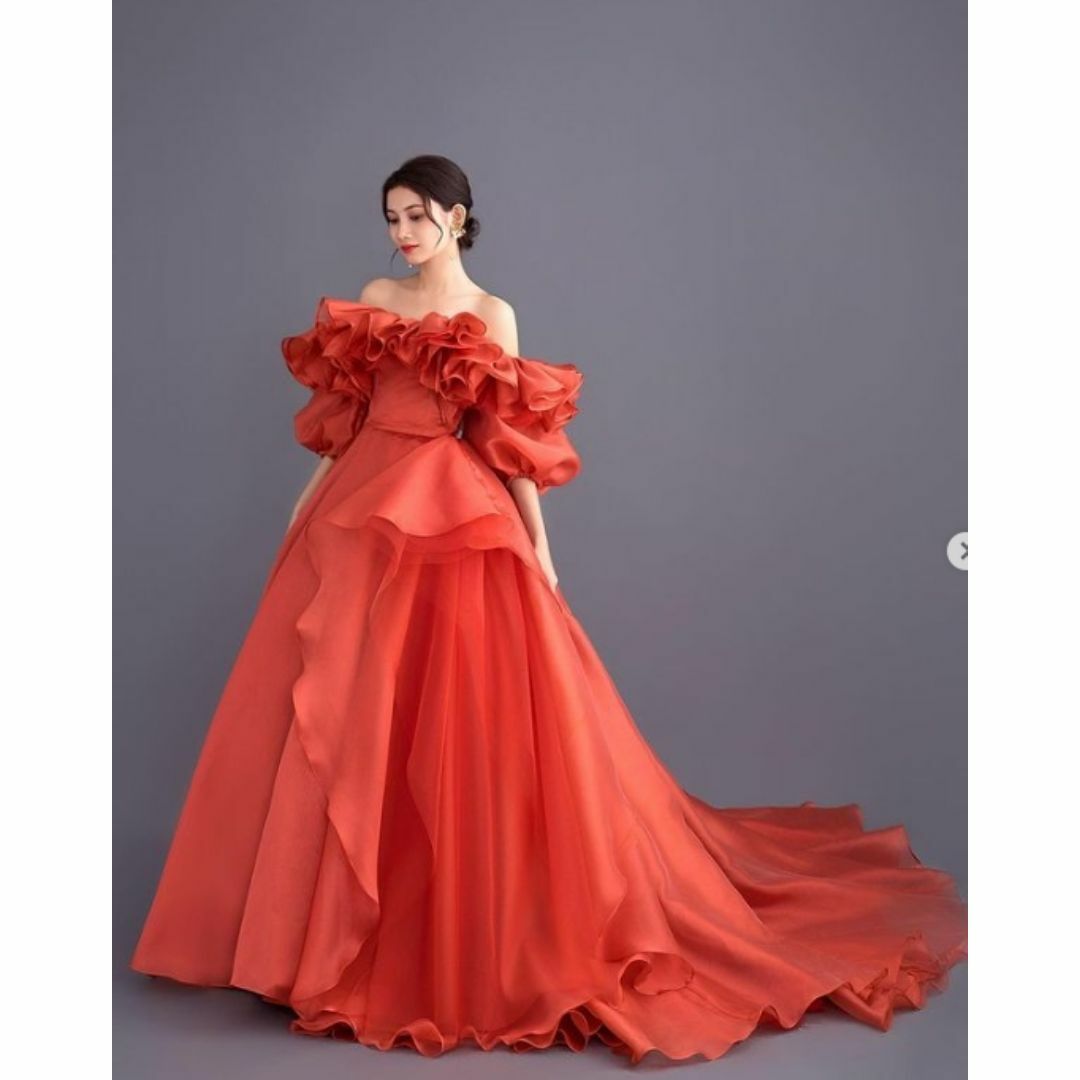 高品質！カラードレス オレンジ オフショルダー 取り外し袖 可愛い