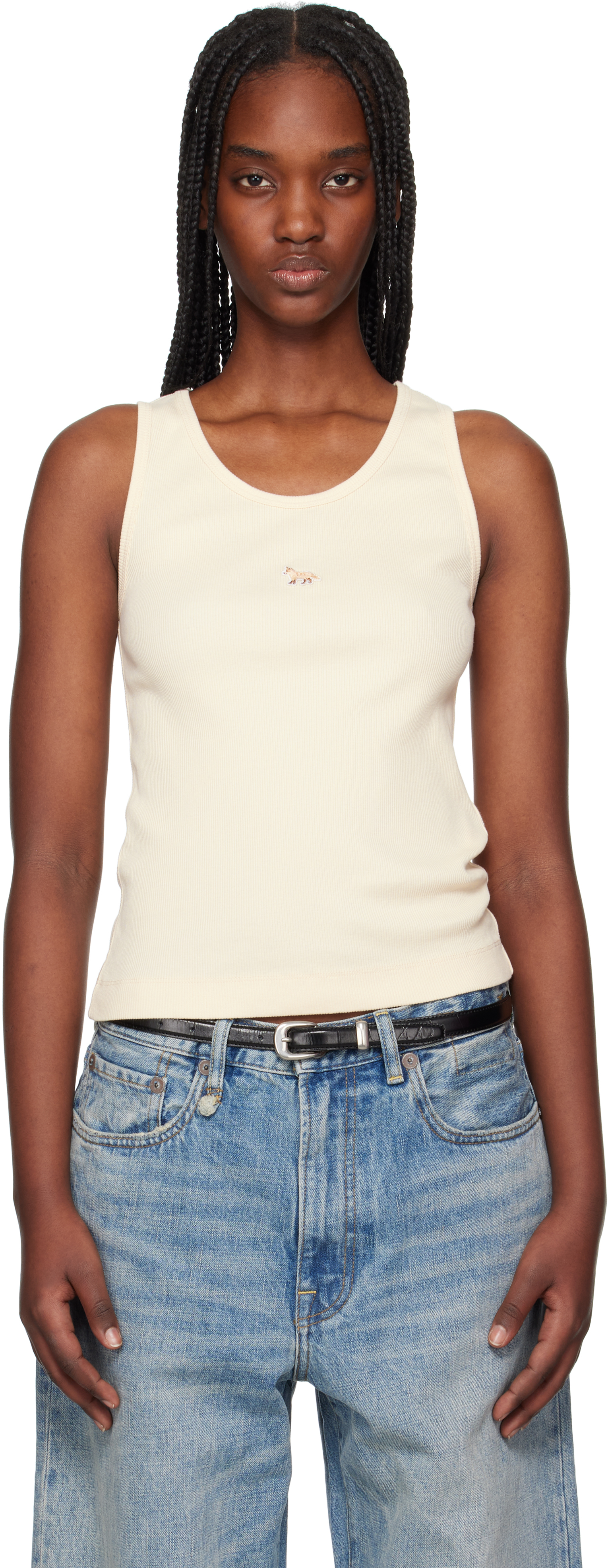 Beige Baby Fox Patch Ribbed Tank Top by Maison Kitsuné on Sale