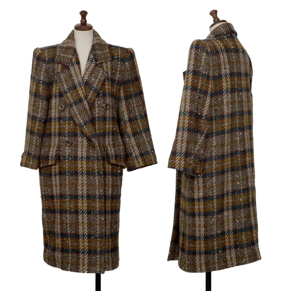 イヴサンローランYves Saint Laurent チェック織りダブルコート 緑黄茶