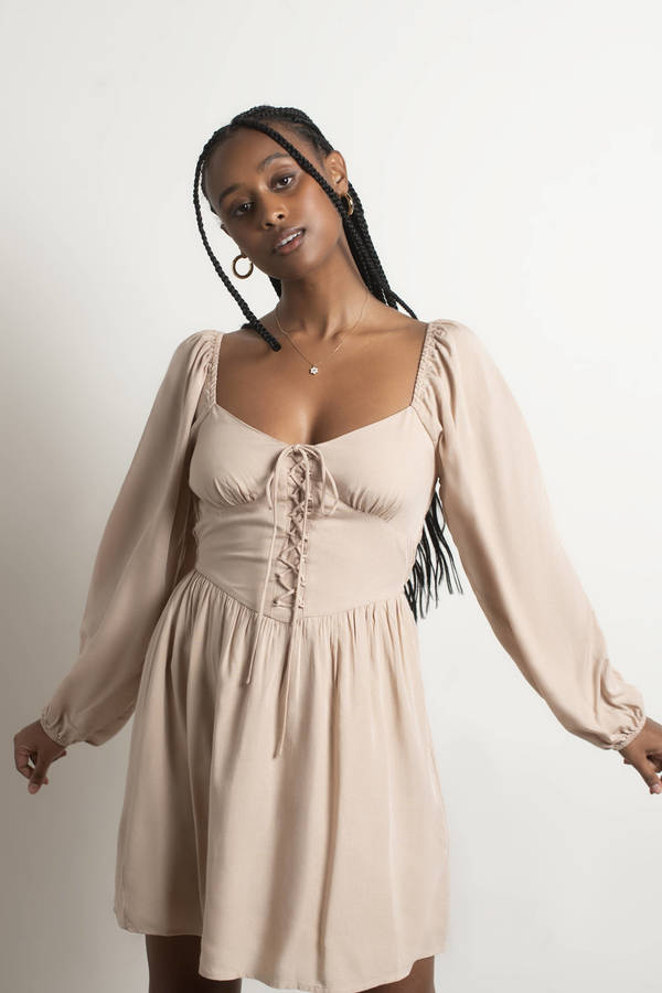 Grey Mini Dress - Front Lace Up Babydoll Dress - Taupe Puffy