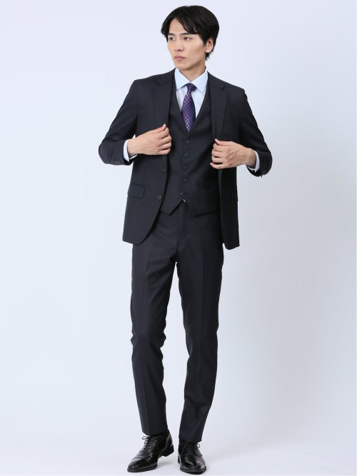 光沢ウール混 スリムフィット 2ボタン3ピーススーツ シャドー