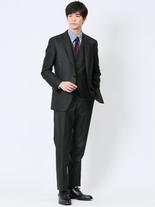 光沢ウール混 スリムフィット 2ボタン3ピーススーツ 千鳥黒(A4 05黒