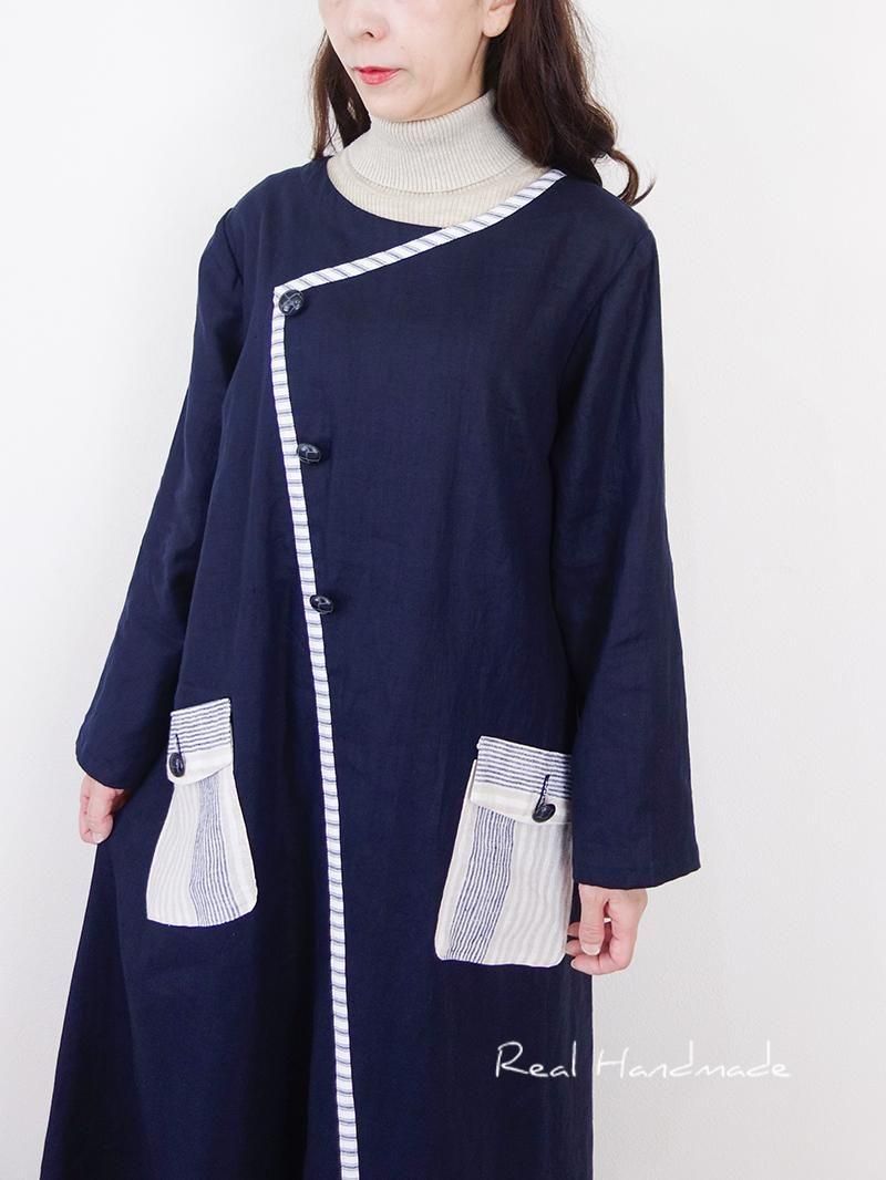 ネイビーリネン|フラップポケットマキシワンピース - REAL HANDMADE
