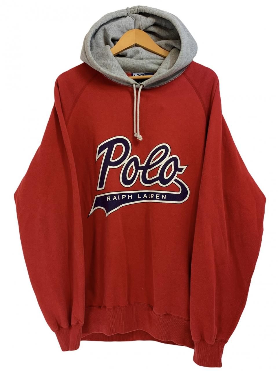 90s Polo Ralph Lauren Script Logo Sweat Hoodie 赤灰 M ポロラルフ