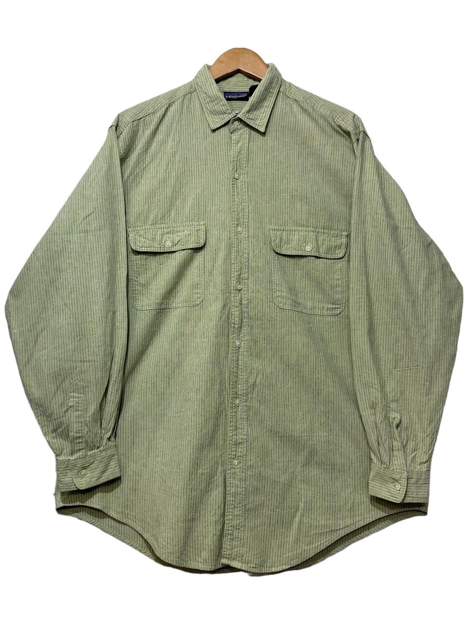 80s~90s patagonia Stripe Cotton L/S Shirt 黄緑 M パタゴニア 長袖