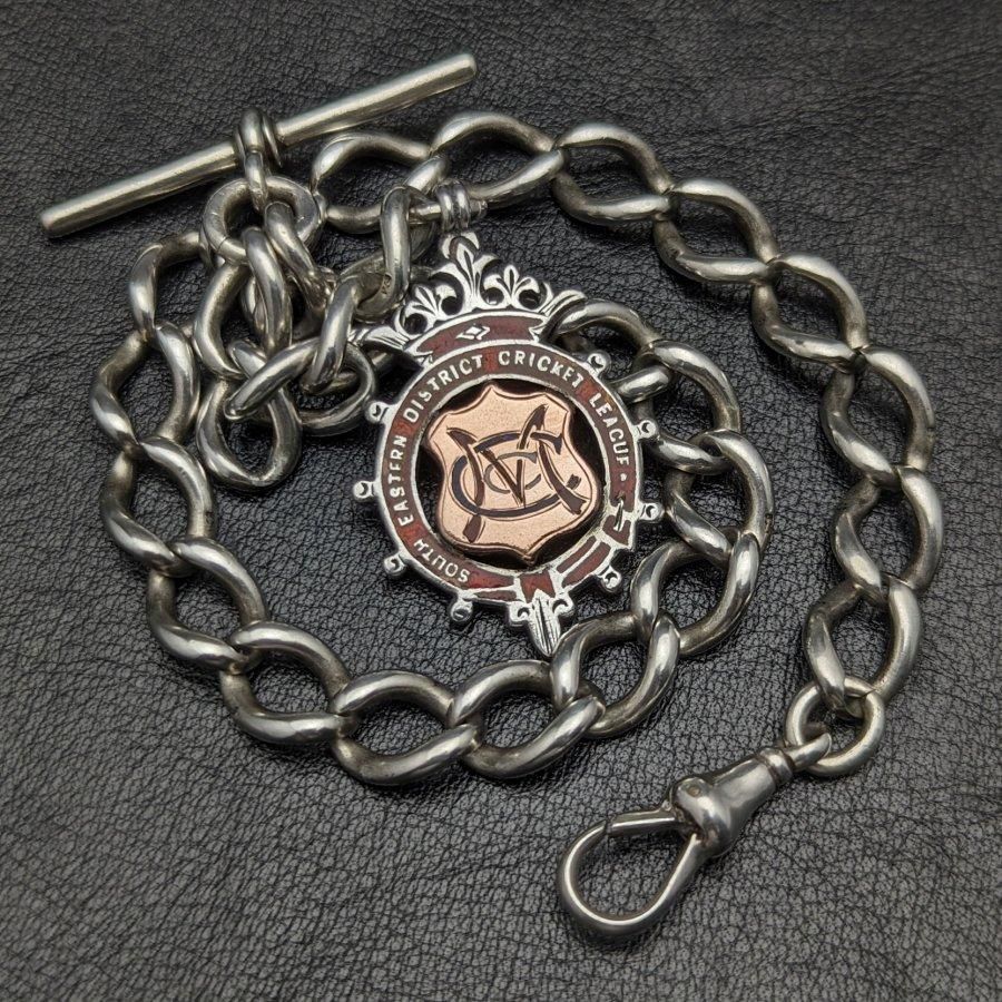 1900年頃 英国アンティーク 純銀製アルバートチェーン 52g 純銀