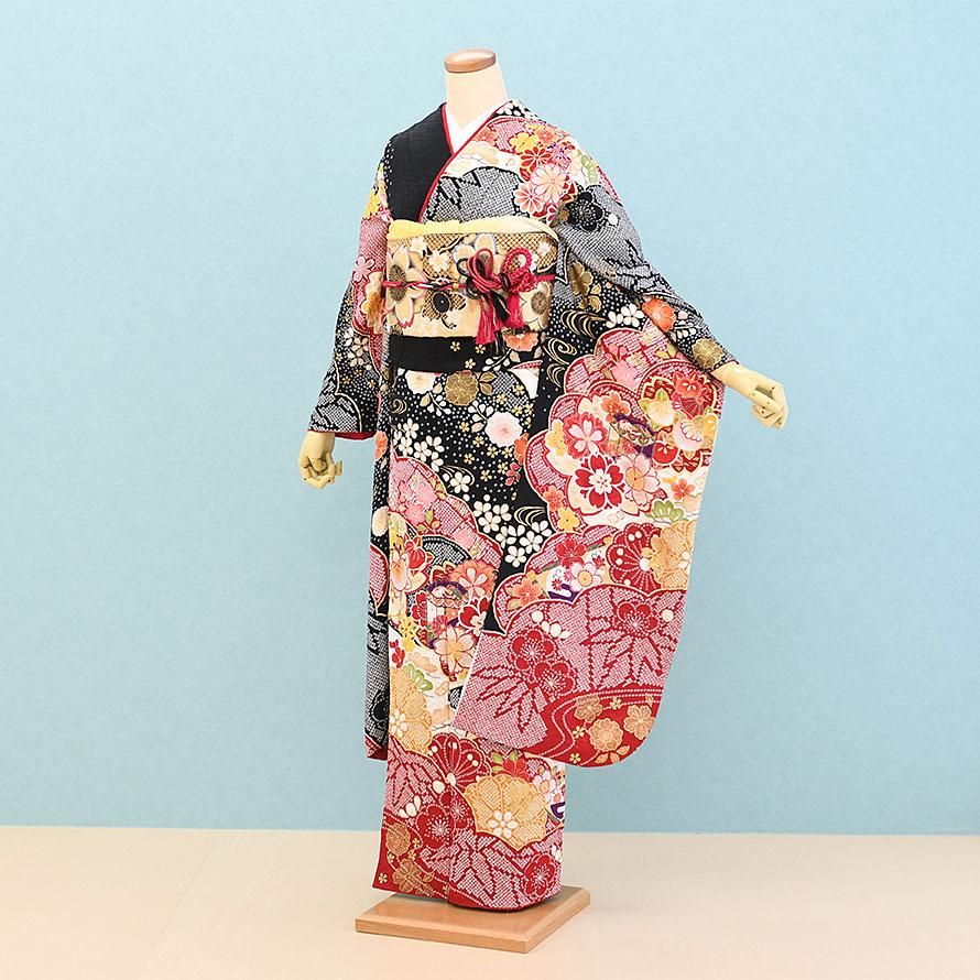 成人式振袖レンタル（FS0354）黒×赤/絞り・花・古典 - 東京レンタルい