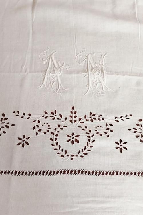 フランスアンティークリネンシーツ | 上質なモノグラム刺繍 - フランス
