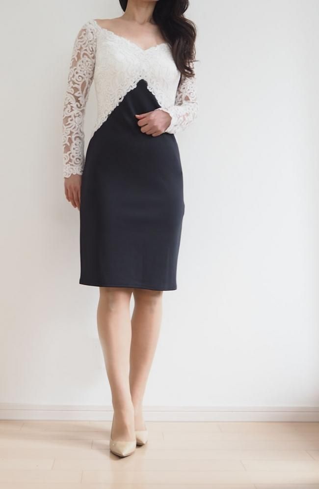 SALE】オフショルダー 長袖 バイカラーワンピース 白×黒 - タダシ