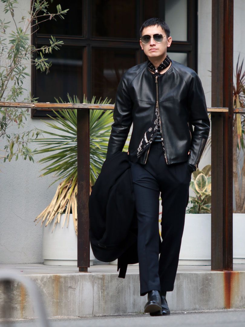 レザーノーカラーライダースジャケット FELIX NAPPA CERATA｜EMMETI