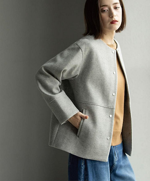 ウールライクメルトンノーカラーコート【洗濯機洗い可