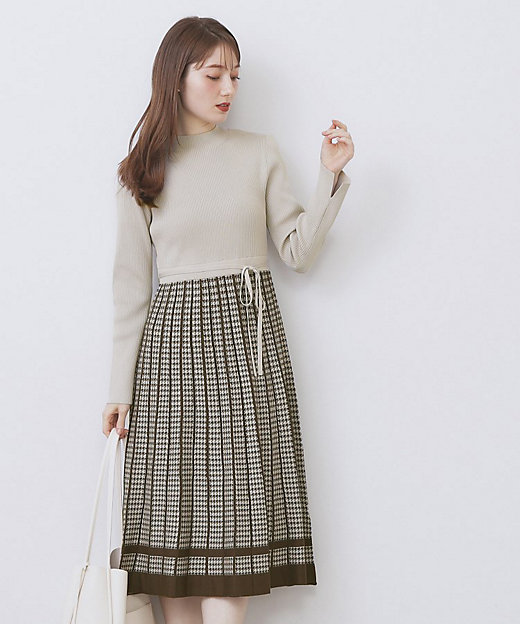 千鳥チェックバイカラーニットワンピース【洗濯機OK／抗ピル