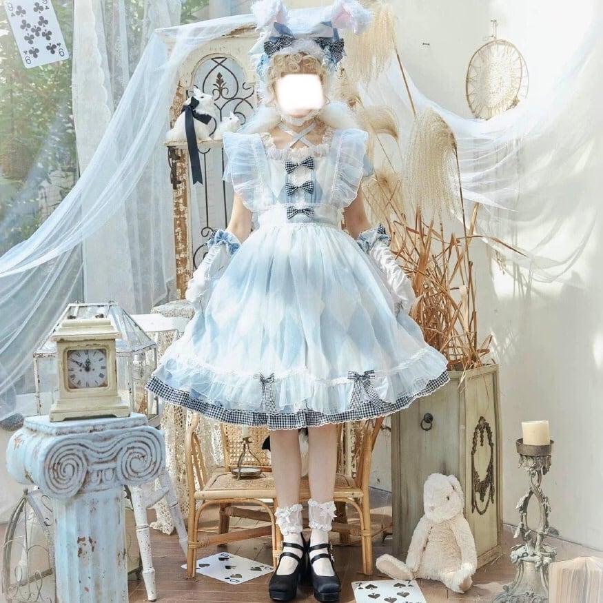 ロリータ チェック柄 アリス 2way ワンピース エプロン セット : 長楽