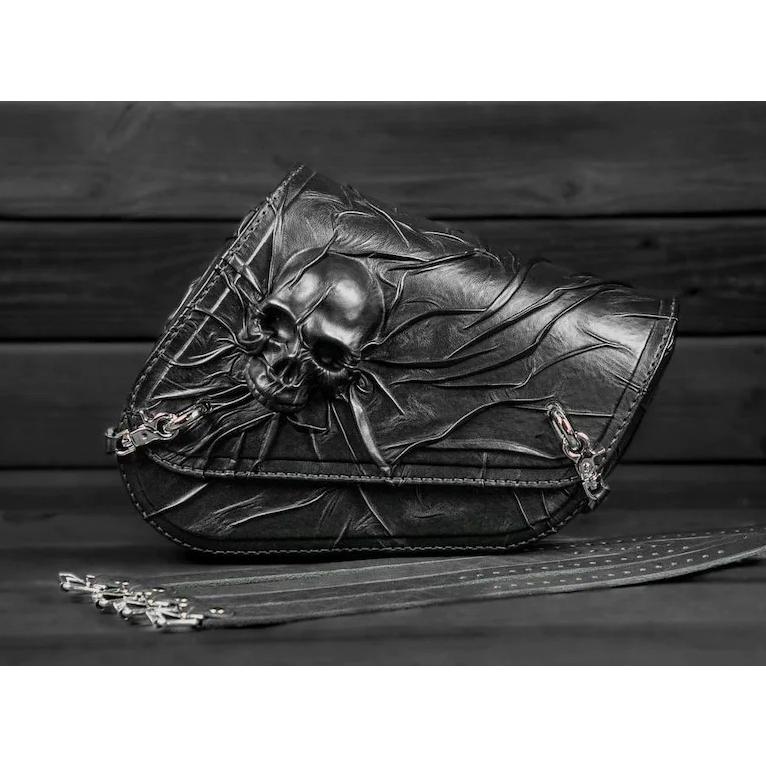 ブラック レザー サドルバッグ 右側 スカル ハーレーダビッドソン