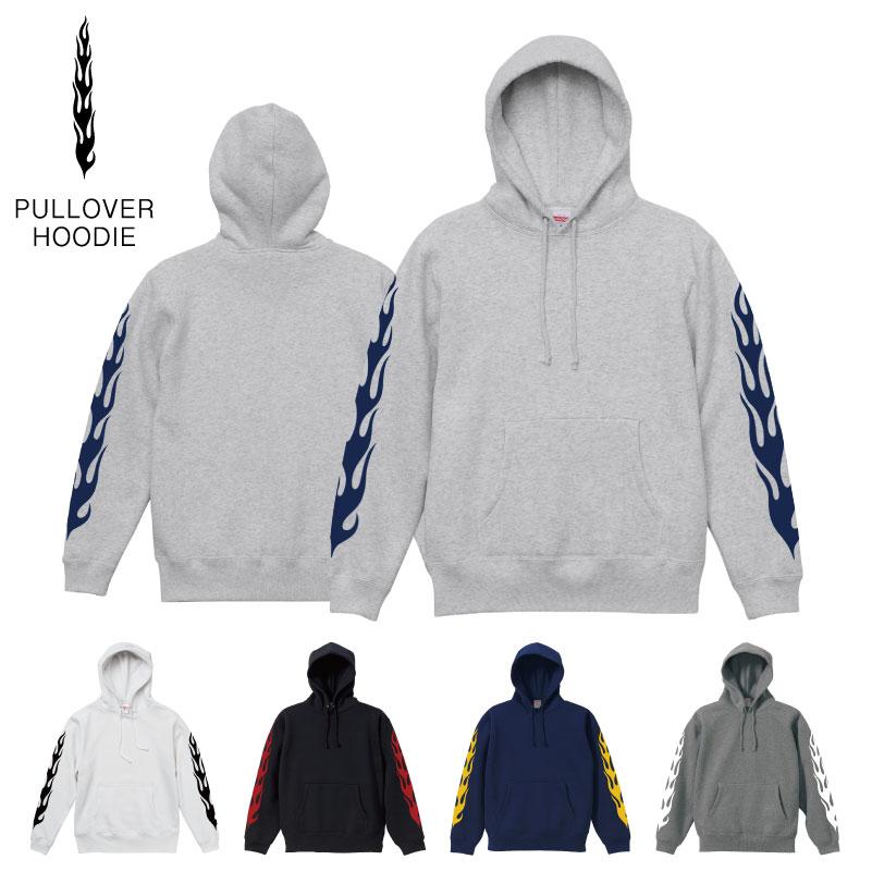 FLAME ファイヤーパターン 裏起毛 袖プリント プルオーバーパーカー