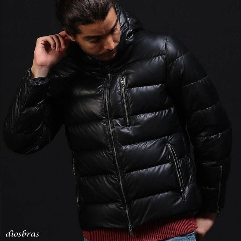 ラム シープ スキン レザー ダウンジャケット フード フーディー