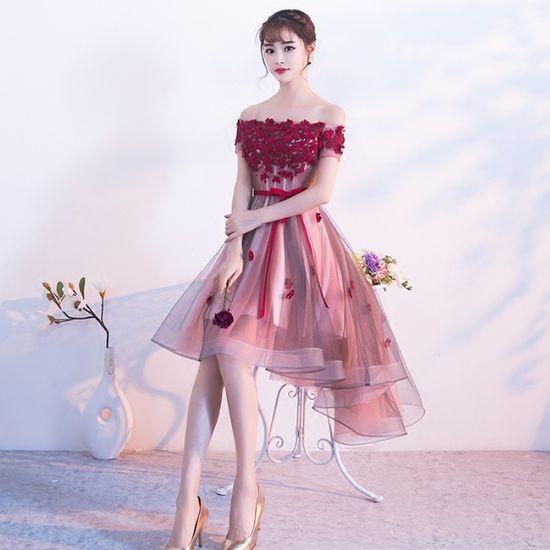 発表会 フィッシュテールドレス 赤 オフショルダー 花びら 飾り フレア