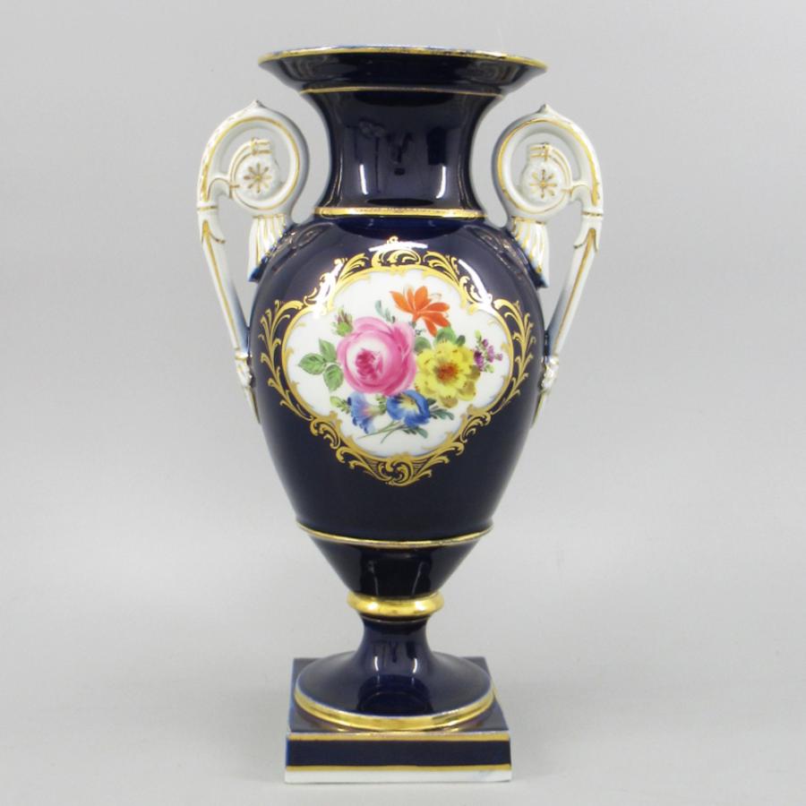 マイセン 金彩コバルト 五つ花 花瓶 両面花絵付 フラワーベース 陶器