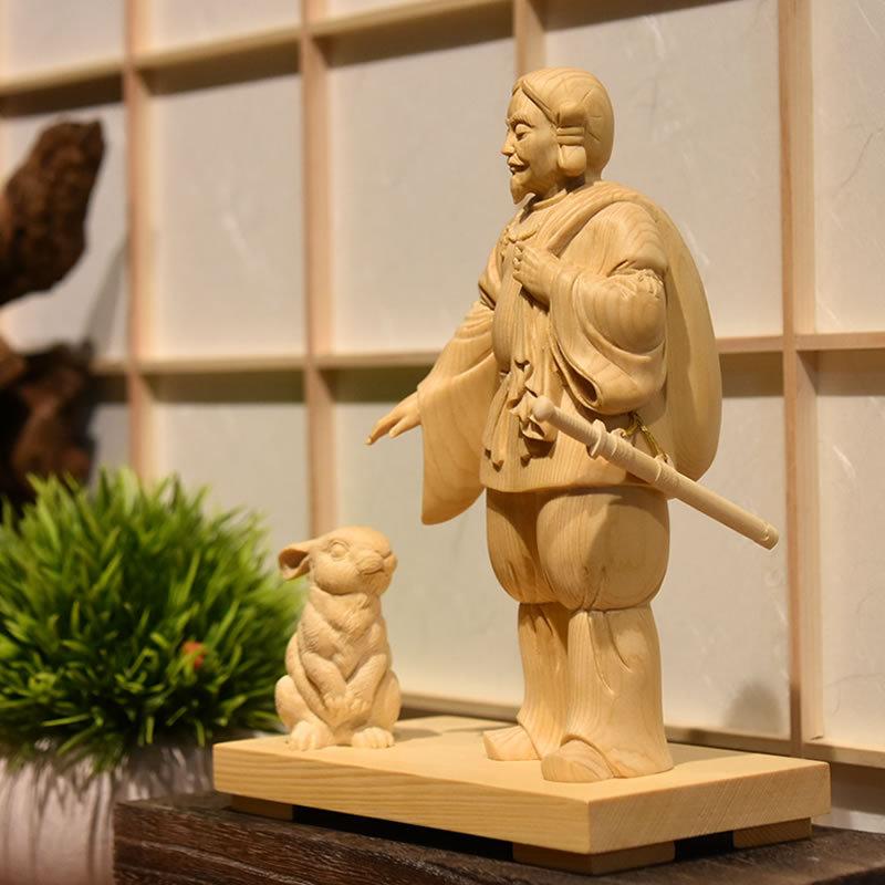 木彫り仏像 【大国主命と因幡の白兎】 桧木 総高17.8cm : 海宇工芸館