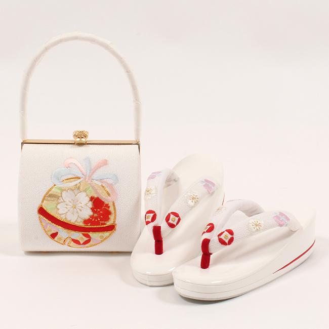 七五三 7歳 草履 バッグ セット 刺繍 正絹 ちりめん 白 鈴文 刺繍鼻緒