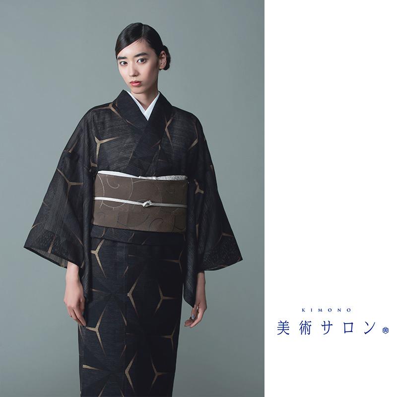 浴衣 美術サロン 綿絽 麻の葉流水 黒 グレー 細密染め 知多木綿 古典柄